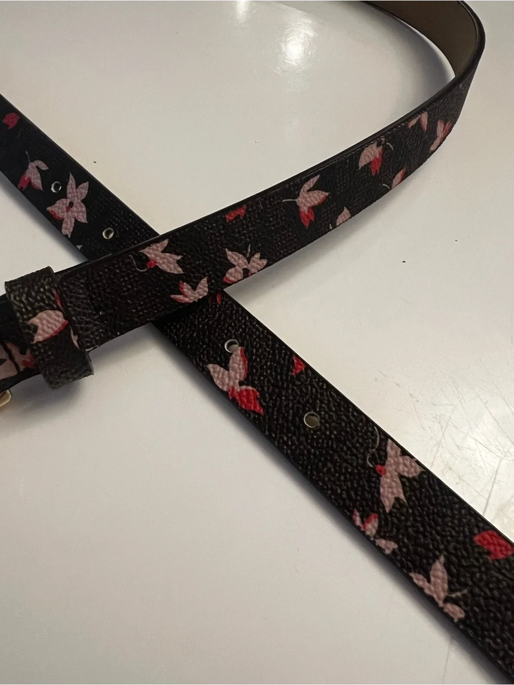 Michael Kors Black Leather Belt with Gold Buckle and Pink/Red Floral Accents